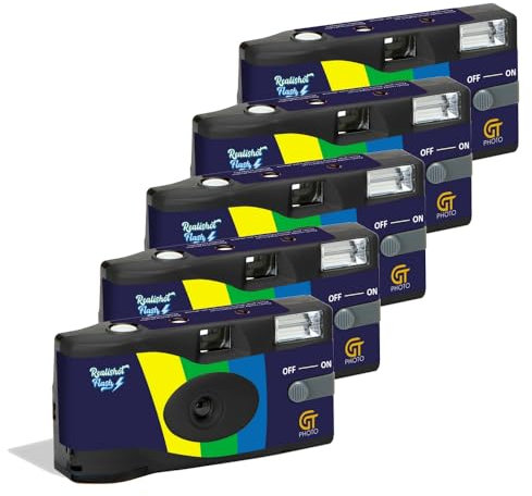 GT PHOTO GT27FL Realishot Flash - Pack de 5 Appareil Photo Jetable 35mm avec Flash, 27 Poses, Idéal pour Événements, Voyages et Souvenirs, Compact, Léger et Facile à Utiliser - Gris