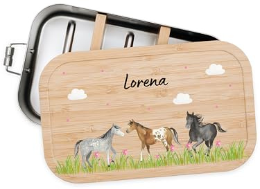 Bärenfreunde® - Personalisierte Brotdose für Kinder mit Spezial-Druck - Robuste Edelstahl Brotdose - Personalisierte Geschenke für Kinder & Erwachsene (Pferde Szenario,GROSS Edelstahl)