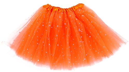 Yolev Tutu kjolar för kvinnor flickor vuxen elastisk 3 lager tyll tutu kjol med paljett stjärnor retro 80-tals bubbelkjol, Orange, one size
