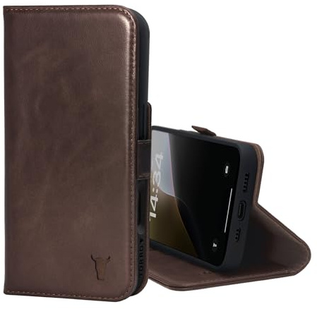 TORRO Hülle kompatibel mit iPhone 16 Pro – Echt Leder Hülle mit Standfunktion und Kartenfächern (kompatibel mit Offiziellen MagSafe-Ladegeräten) - Dunkelbraun