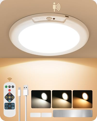 Rechargeable Motion Sensor Ceiling Light with Remote, Wireless Ceiling Light Battery Operated, No Wiring, Magnetic, Dimmable Shower Light, Timer, 3 Color 6000K, Rechargeable Light for Closet Hallway