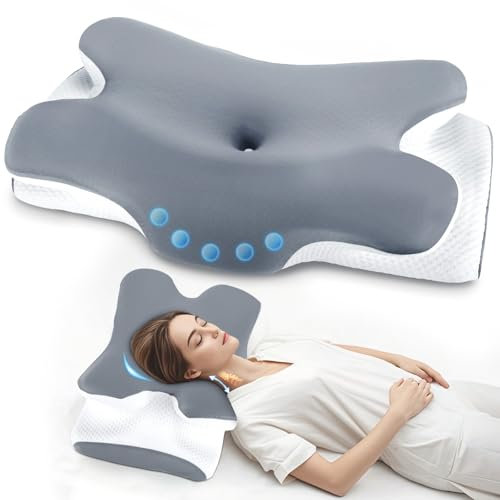 Nackenkissen - Orthopädisches Kopfkissen aus Memory Foam - Ergonomisches Kopfkissen gegen Nackenschmerzen für Seitenschläfer, Rückenschläfer und Bauchschläfer mit Eisseiden Bezug (Dunkelgrau)