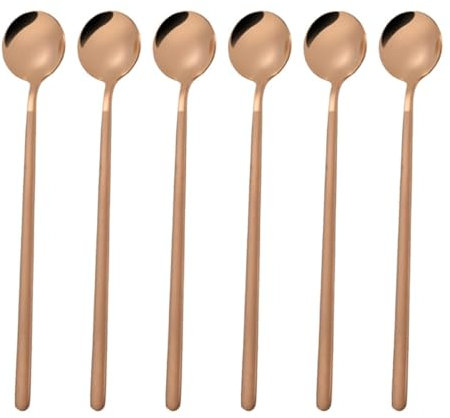 ABOOFAN Juego De 6 Cucharillas De Café De Acero Inoxidable Mini Cucharas Redondas Mango Largo Para Postre Azúcar (17.4 Cm Oro)