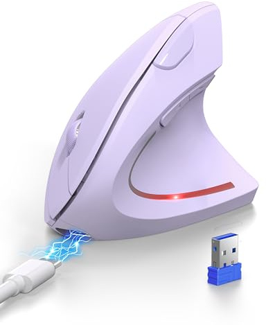 TECKNET Ergonomic Mouse, Bluetooth Rechargeable Vertical Mouse (BT5.0/3.0+USB-A), Wireless Right handed Mouse 6-Button,Optical Mouse 4800 DPI 6 Adjustable Levels,Quiet Clicks,Wide Compatibility-Purple