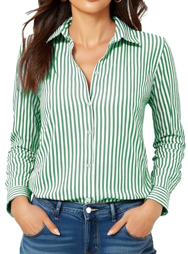 COUXILY Soft Non-Iron & Wrinkle-Free Womens Button Down Shirts with Mulberry Silk Long Sleeve Blouse Casual Work Tops, S02 Striped Green, L