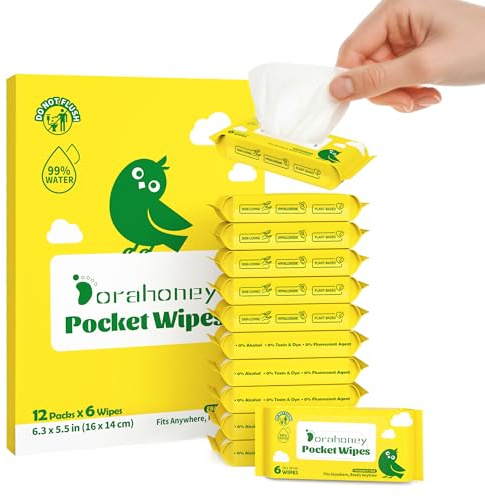 Dorahoney Lingettes Humides Voyage – Lingettes pour les Mains, Visage et Corps, 99% d’Eau, Sans Parfum, Hypoallergéniques pour Peaux Sensibles – Bébés, Enfants, Adultes – Lot de 12 (72 Lingettes)