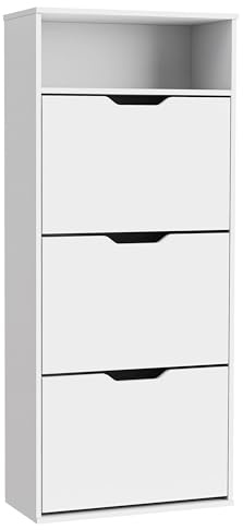 Garvishk Garvis Schuhschrank 3 Klappen (Einzelreihe) – ULTRASCHMAL (24 cm Tiefe) – 60x139 cm – Für ca. 9 Paar – MDF Weiß