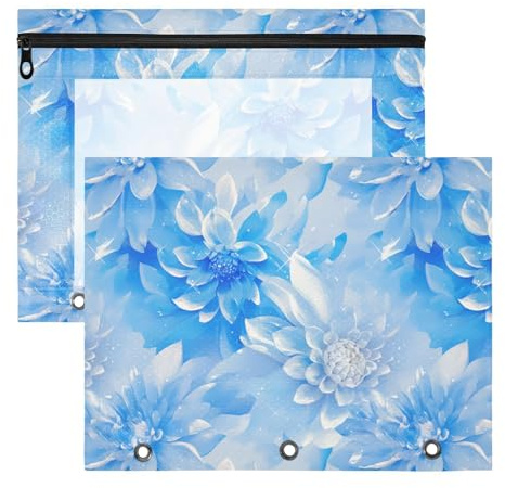 FRODOTGV Lot de 2 pochettes pour classeur à crayons avec 3 œillets renforcés pour papier A4 Motif fleurs de dahlia Bleu