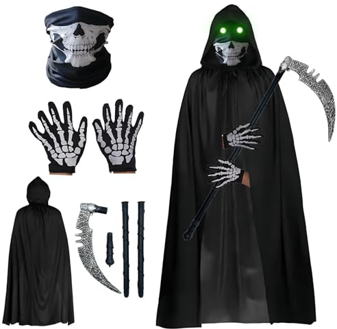 Allony Disfraz de muerte para hombre, disfraz de Halloween, disfraz de muerte incluye capa de guadaña, Halloween, guantes de esqueleto, máscara de calavera para Halloween, carnaval, fiesta, cosplay
