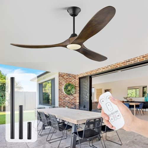 178 cm Deckenventilator für den Außenbereich mit Beleuchtung, rustikalen Holzflügeln, reversiblem Gleichstrommotor, feuchtigkeitsbeständig für Terrasse, Garage, Veranda, 3 Verlängerungsstangen