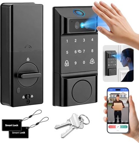 MYPIN Smart Door Lock with Palm Print & Facial Recognition & App Control, Auto-Lock, Doorbell Chime, Touch Keypad, Interior Deadbolt – Keyless Entry Electronic Lock for Home Security