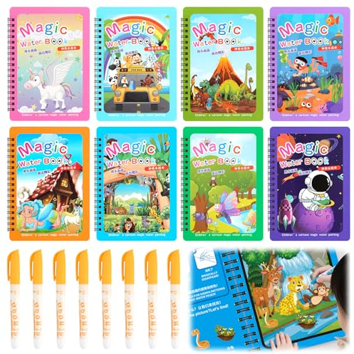 Jinkox Water Colouring Books for Children, 8 Pieces Watercolor Books with 8 Pens Magic Paint Set, Reusable Water Painting Books for Kids