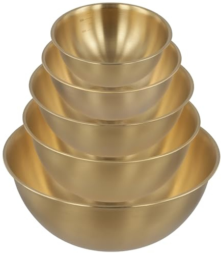 SYUTBOU Set di 5 ciotole in acciaio inox, color oro, con capacità di 800 ml, 1200 ml, 1800 ml, 2200 ml e 4000 ml, insalatiera, set di ciotole da cucina