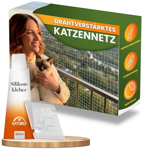 Naturiz® Katzennetz für Balkon ohne Bohren 3x8m - Katzennetz drahtverstärkt transparent/weiß, Katzengitter inkl. Klebehaken – Katzenschutznetz für Balkon & Fenster, Balkonnetz für Katzen (3x8m)