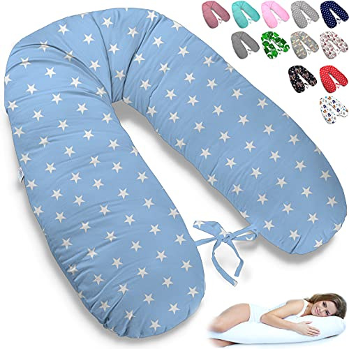 ekm trade 170cm XXL Stillkissen Schwangerschaftskissen Lagerungskissen Seitenschläferkissen große Farbwahl Handmade Baumwolle 100% aus Zertifizierte Materialien (21 – Blau – Weiße Sterne)