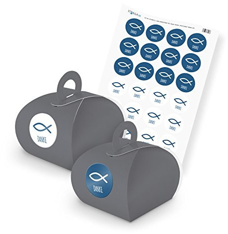 itenga SET Fisch DANKE (Motiv 33) 24x Geschenkschachtel mit Griff grau + Stickerbogen