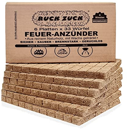 Feueranzünder Ruck Zuck - Holzanzünder Anzünder für Kamin Grill Ofen Holz u Bricketts - 34 Pack a 33 Anzünder (=1.122 Anzünder)