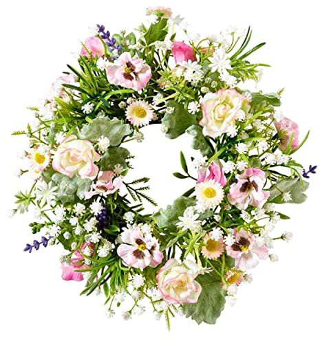 Florissima Blumenkranz Mauve Rose Daisy Rosa Lila Grün Weiß Gelb Pastell Gänseblümchen D25cm Blumen Kranz künstlich Deko Sommer Türdeko