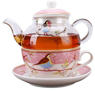 fanquare Juego de Té para Una Persona de Pájaros y Flores de Petirrojo Rosado, Juego de Tetera con Taza de Café y Platillo de Porcelana con Tetera de Vidrio