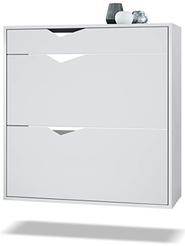 Vladon Schuhschrank Kolmio 85 x 87 x 33 cm, Made in Germany, Korpus in Weiß matt, Fronten in Weiß matt | Große Farbauswahl