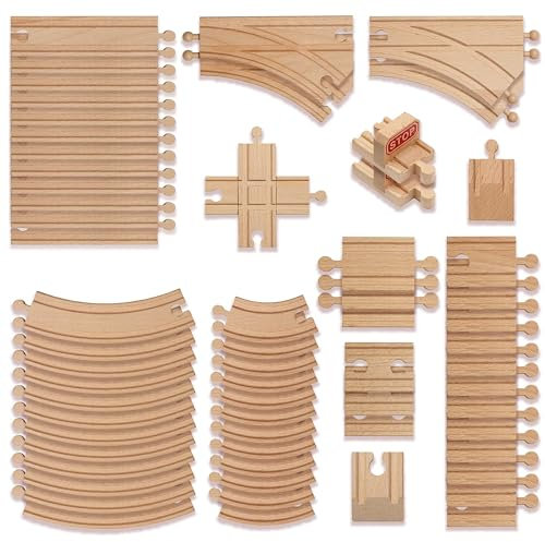 THE TWIDDLERS 64 teiliges Erweiterungspaket für Holzeisenbahngleise, großes Set, kompatibel mit Allen großen Spielzeugeisenbahnmarken - Auswahl an geraden und gebogenen Gleisen, Holzeisenbahnzubehör