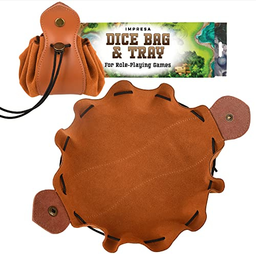 Impresa Dice Bag & Dice Rolling Tray - 10-Inch Brown Cowhide Leather - Leather Tray & Drawstring Bag