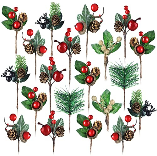 Janinka 28 Pcs Artificial Christmas Greenery Red Berry Picks Pine Cones Holly Berries Flower Stem Needles Branches Fake Greenery Floral Picks for Xmas Tree Winter Crafts Party Festive Home Decor