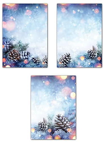 Mix 3x10 Blatt Winter Motivpapier Briefpapier (Weihnachten-5253, DIN A4) wunderschöne Tannzweige im Schnee bei Sonnenschein mit Zapfen