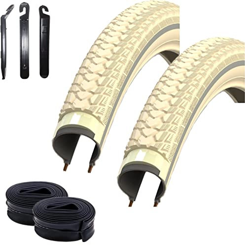2 x Rexway Shopper Pannenschutz Fahrradreifen Creme mit Reflex 47-622 (28 x 1,75) + 2 passende Schläuche AV inkl. maxxi4you Reifenheber