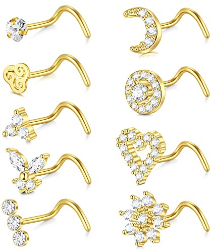 Zolure 18G Nasenpiercing Ring Chirurgenstahl Nasenstecker mit Mond Blume Herz CZ Piercing Nase Spirale für Damen 9 Stück