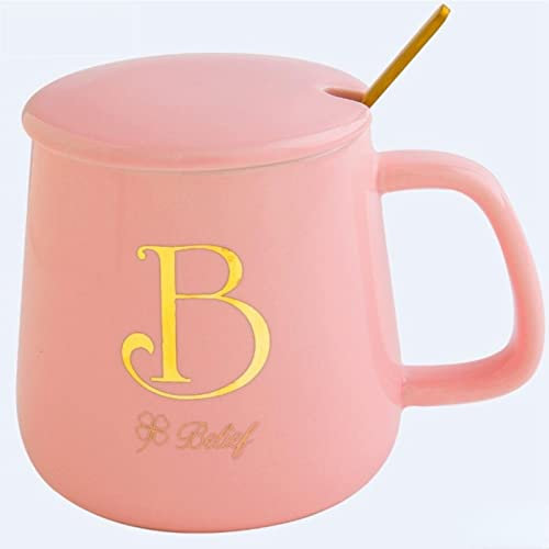 XKUN Mug Tasses Roses Tasses À Café pour La Meilleure Amie Fille Fille avec Couvercle Et Cuillère 26 Lettres Mug Personnalisés Bureau Céramique Mignon Gobelet Eau-B,450Ml