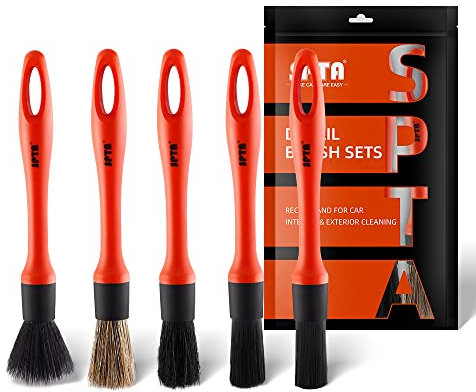 SPTA Detaillierungsbürsten-Set 5 Verschiedene Größen Premium-Naturhaar-Mischfaser-Kunststoffgriff Auto-Detailbürsten zum Reinigen von Rädern, Motor, Innenraum, Lüftungsschlitzen