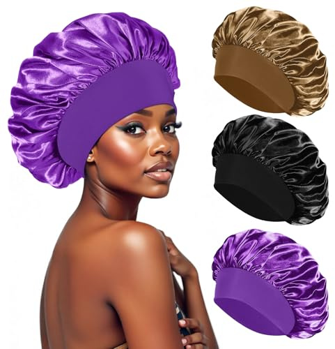 PAEFIU Cuffia da Notte in Seta per Capelli Ricci, 3 Pezzi, per Dormire, Donna, Berretto in Raso (Nero, Oro, Viola Scuro)