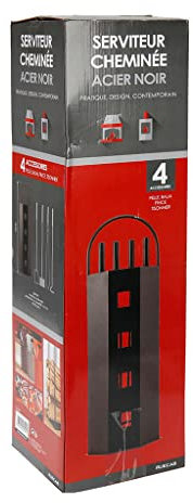 RUECAB - Serviteur de cheminée, serviteur bois cheminée - Support + 4 accessoires : pelle, tisonnier, balai et pince - Poids: 2,5kg - Hauteur: 65,5cm - Idéal pour l'entretien de votre cheminée