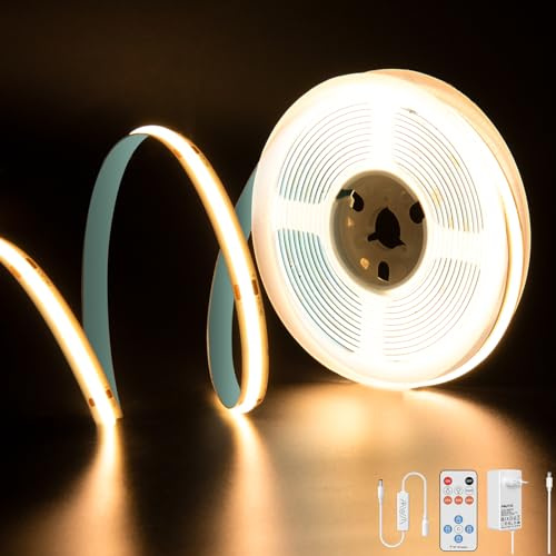 PAUTIX COB LED Streifen 2700K Warmweiss 5M,480LEDs/M Dimmbar 24V Weiß LED Streifen Licht Set mit RF Fernbedienung und Netzteil,CRI93+ Hell Unterbauleuchte für Home DIY Dekoration Timerfunktion.