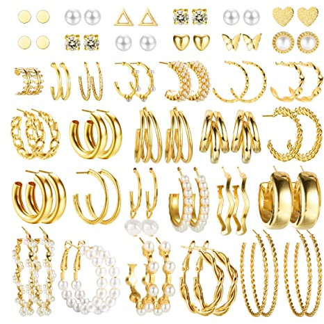 CASSIECA 36 Paar Gold Perlen Ohrringe Set für Damen Mädchen - Mode Kettenglied Creolen Ohrstecker Tropfen Boho Statement Acryl Hypoallergen Schmuck Geschenk für Geburtstagsfeier