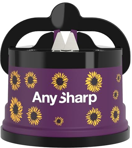 AnySharp Knife Sharpener, Hands-Free Safety, PowerGrip Suction, Safely Sharpens All Kitchen Knives, Ideal for Hardened Steel & Serrated, World's Best, Compact, One Size, Sunflowers Design