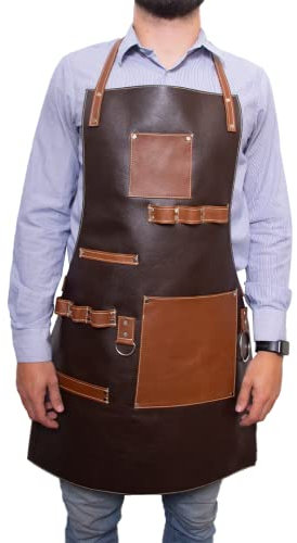 CTK Schürze aus echtem Grill, BBQ & Kochen aus Leder – Professionelle robuste Mehrzweckschürze – Küche, Dunkelbraune Schürze mit Taschen und Riemen aus dunkler Eiche, Standard