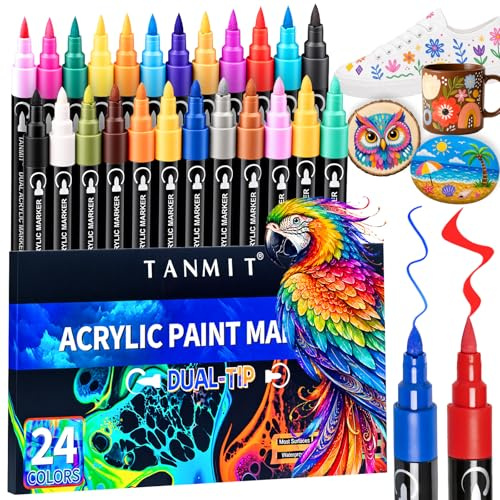 Acrylic Paint Pens, 24 Colors Dual Tip Paint Markers for Rock Painting, Water Based Acrylic Painting Supplies for Fabric Painting,Wood, Plastic, Canvas, Easter Egg(Brush Tip and Fine Tip)