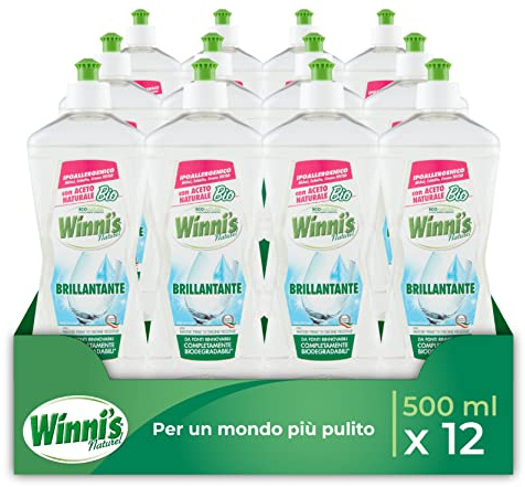 Winni's - Hypoallergenic Dishwasher Brilliant Additive, with Organic Natural Vinegar, Against Residues and Stains, with Raw Materials of Plant Origin, 500ml x12