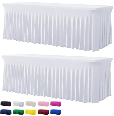 Htper Spandex-Tischdecken für rechteckige Tische, knitterfrei, dehnbar, 2,4 m, für Partys, Hochzeiten, Geburtstage, Bankette, Babypartys, 2 Stück, Weiß