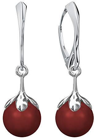 Lange Ohrringe Silber 925 Hängend für Damen Blumen Hängeohrringe Mädchen Ohrhänger Modeschmuck Ohrringe mit Perlen Schmuck für Sie Geschenk Frau Handmade: Ohrringe (Red Coral)