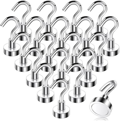 Eurtes 20 Stück Magnethaken Extra Stark, Klein 16mm Neodym Magnet mit Haken, Magnetic Hooks Stanzfrei für Eisentüren Kühlschränke Küchen Kleiderablage Büro Magnethacken Silber