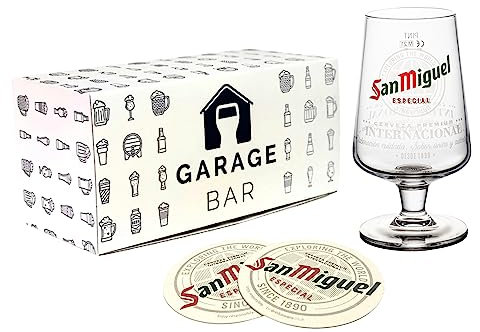 GarageBar | San Miguel Beer Glass | Pint/20oz Glass | Gift Boxed with 2X Beer Drip Mats | Gift for Father's Day, Christmas, Birthday