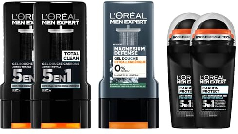 L'Oréal Men Expert - Gel de ducha y desodorante para hombre, 2 x gel de ducha, 1 x gel de ducha Magnesium Defense, 2 x Desodorante Carbon Protect