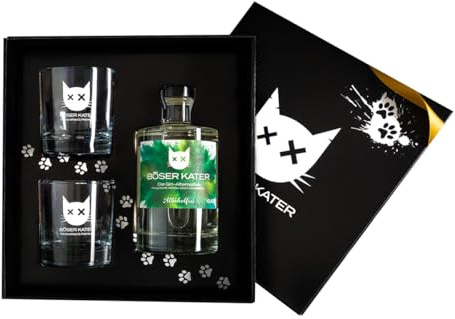 BÖSER KATER Alkoholfrei Gin-Alternative Geschenkset mit 2 Gläsern, die Gin-Alternative mit Wacholder Geschmack, perfekte Geschenkidee in hochwertiger Box, 0,5l