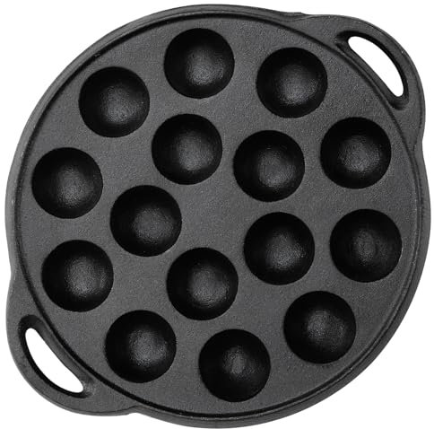 Warmiehomy Cast Iron Pancake Pan 15 Holes,Non Stick Mini Aebleskiver Pan Double Handles for Pancake Ball,23cm
