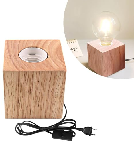 Nizirioo E27 Nachttischlampe Holzsockel, Tischlampe Würfel Holz, Kleine Nachttischlampe mit Holzsockel, EU-Plug Holzsockel E27 Perfekt für Schlafzimmer/Wohnzimmer/Büro (Ohne Glühbirne)