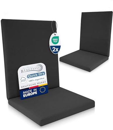 Beautissu 2er Set Premium Niedriglehner Auflage 100% Wasserdicht Sitzkissen | 100x50cm Anthrazit UV-beständig Bequem Pflegeleicht Waschbar Gartenstuhl Polsterauflage Gartenmöbel Stuhlauflage Garten QD-NL