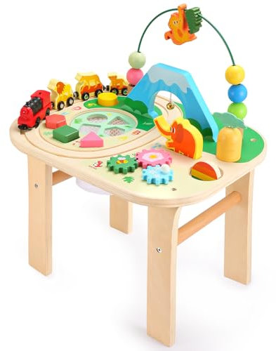 oathx 9-in-1 Motorikspielzeug ab 1 Jahr – Spieltisch mit elektrischem Zug, Perlenlabyrinth, Formsortierer, drehende Zahnräder – Activity Center Baby, Activity Tisch ab 12 Monaten, Holz Lernspielzeug